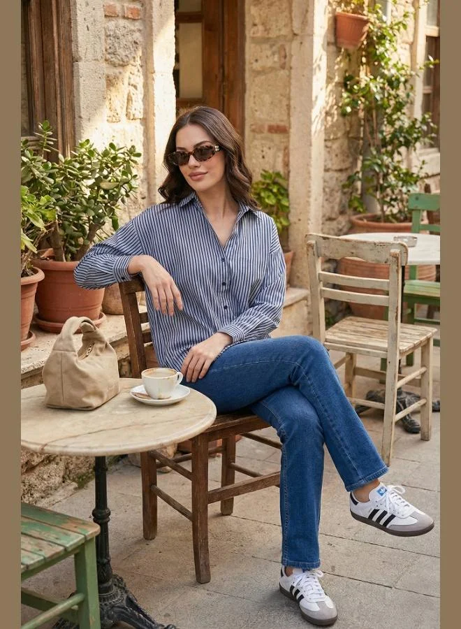 ليلا Lela Striped Oversize Fit Classic Collar Long Sleeve Shirt Women's SHIRT 6925475